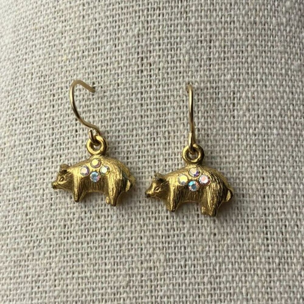 Gold tone and rhinestone pig earrings